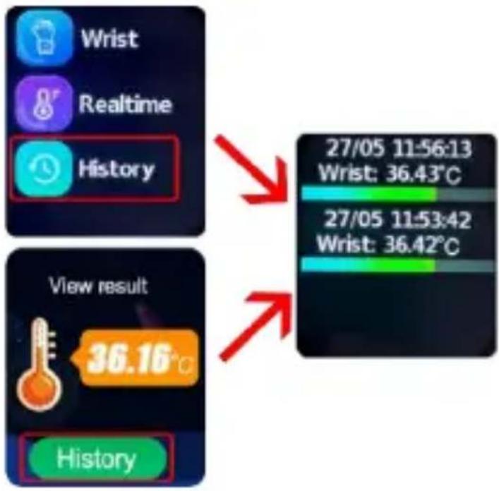 Wrist Realtime History View result 36.16° History 27/05 11:56:13 Wrist: 36.43°C 27/05 11:53:42 Wrist: 36.42°C