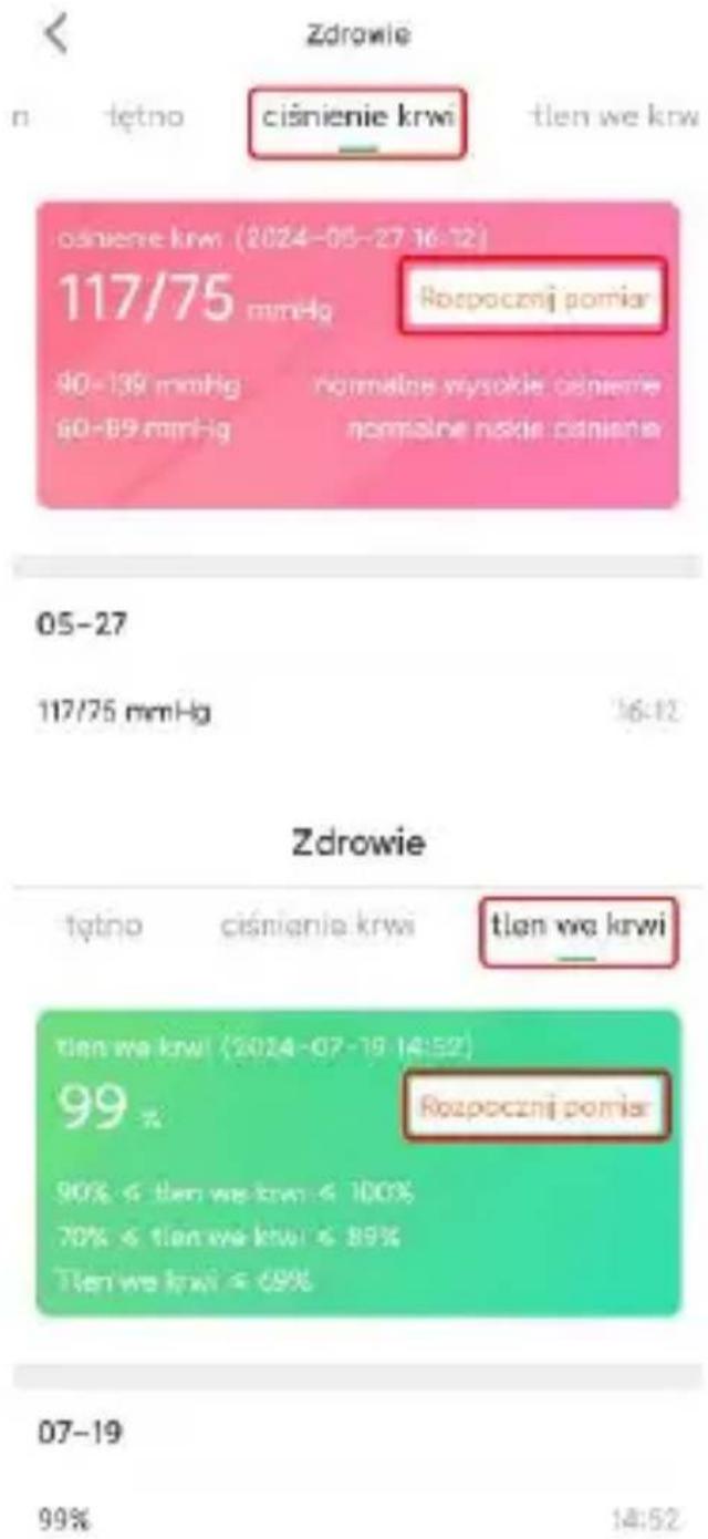 Zdrowie n tętno ciśnienie krwi tlen we krw osniene krwi (2024-05-27 16:12) 117/75 mmHg Rozpocznej pomiar 90-139 mmHg Normalne wysokie ciśnienie 90-89 mmHg Normalne norske ciśnienie 05-27 117/75 mmHg 16:12 Zdrowie tętno ciśniania krwi tlen we krwi tlen we krwi (2024-07-19 14:52) 99% Rozpocznej pomiar 90% < tlen we krwi < 100% 70% < tlen we krwi < 89% Tlen we krwi < 69% 07-19 99% 14:52