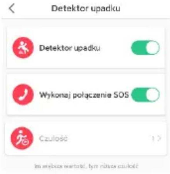 Detektor upadku Detektor upadku Wykonaj połączenie SOS Czulosc Im wębłoś netató, tym niżnos czulosc
