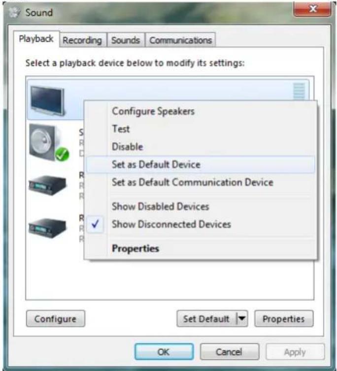 Sound Playback Recording Sounds Communications Select a playback device below to modify its settings: Configure Speakers Test Disable Set as Default Device Set as Default Communication Device Show Disabled Devices Show Disconnected Devices Properties Configure Set Default Properties OK Cancel Apply