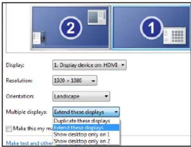 Display: 1. Display device on: HDMI Resolution: 1920 × 1080 Orientation: Landscape Multiple displays: Extend these displays Duplicate these displays □ Make this my main display: Extend these displays Show desktop only on 1 Show desktop only on 2 Make text and other