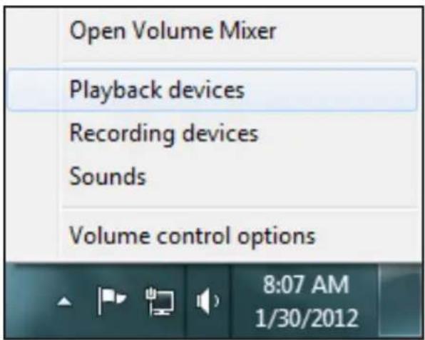 Open Volume Mixer Playback devices Recording devices Sounds Volume control options 8:07 AM 1/30/2012