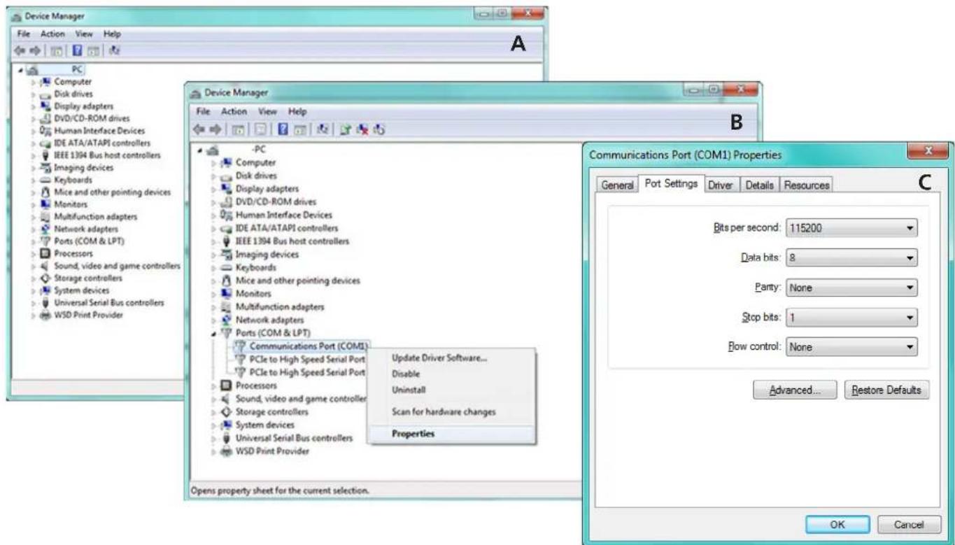 Device Manager File Action View Help PC Computer Disk drives Display adapters DVD/CD-ROM drives Human Interface Devices IDE ATA/ATAPI controllers IEEE 1394 Bus host controllers Imaging devices Keyboards Mice and other pointing devices Monitors Multifunction adapters Network adapters Ports (COM & LPT) Processors Sound, video and game controllers Storage controllers System devices Universal Serial Bus controllers WSD Print Provider -PC Computer Disk drives Display adapters DVD/CD-ROM drives Human Interface Devices IDE ATA/ATAPI controllers IEEE 1394 Bus host controllers Imaging devices Keyboards Mice and other pointing devices Monitors Multifunction adapters Network adapters Ports (COM & LPT) Communications Port (COM1) PCIe to High Speed Serial Port PCIe to High Speed Serial Port Processors Sound, video and game controller Storage controllers System devices Universal Serial Bus controllers WSD Print Provider Update Driver Software... Disable Uninstall Scan for hardware changes Properties Communications Port (COM1) Properties General Port Settings Driver Details Resources C Bits per second: 115200 Data bits: 8 Party: None Stop bits: 1 Flow control: None Advanced... Restore Defaults Opens property sheet for the current selection. OK Cancel