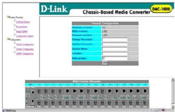 D-Link Chassis-Based Media Converter DHC-10001 General Configurations Hardware settings: All BMS settings: 1.00 Format settings: 3.00 Change Password: Comfort Password: System Name: Location: Refresh line: 20 Core:
