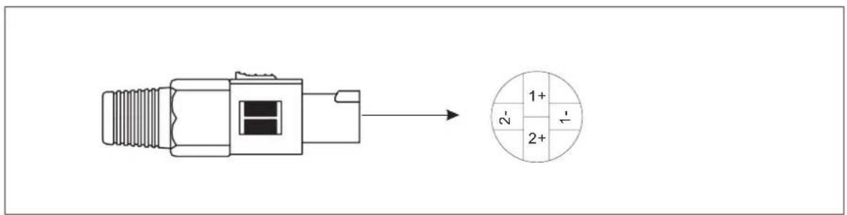 Diagram showing a mechanical component with an arrow pointing to a circular grid containing binary values 1+, 2-, 1-