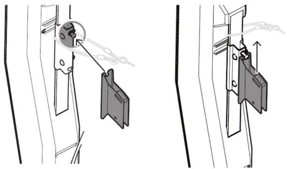 Technical line drawing showing two mechanical assembly steps with a close-up of a component being lifted (no text or symbols present)