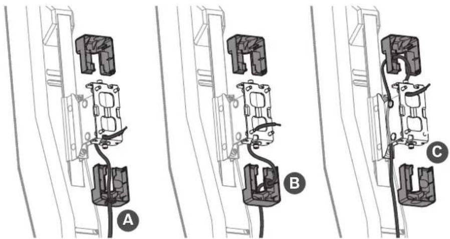 Diagram showing three stages of electrical wiring connections with labeled components A, B, and C