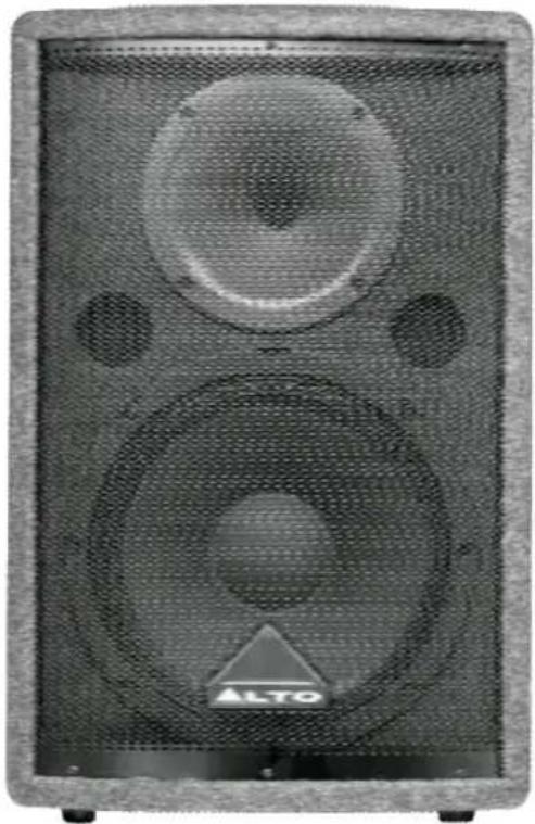 Front view of a speaker with two large speakers and a triangular logo on the front panel (no visible text or symbols beyond branding)