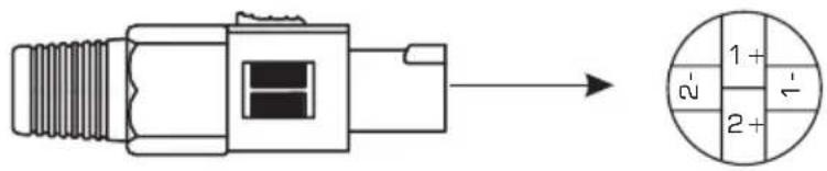 Technical diagram of a mechanical connector with an arrow indicating direction and a circular grid layout showing two labeled sections.