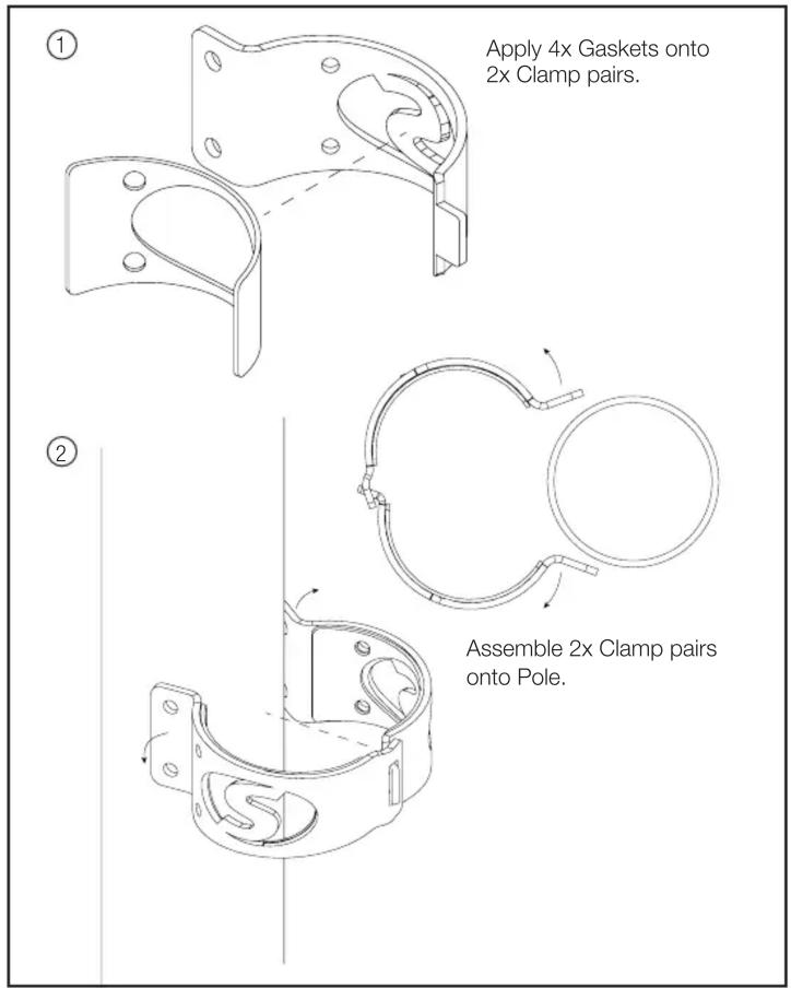 Apply 4x Gaskets onto 2x Clamp pairs. Assemble 2x Clamp pairs onto Pole.