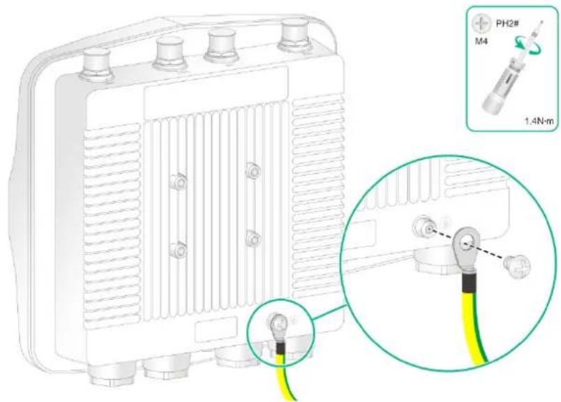 Technical diagram showing a device with labeled components and a magnified inset highlighting a cable installation detail.