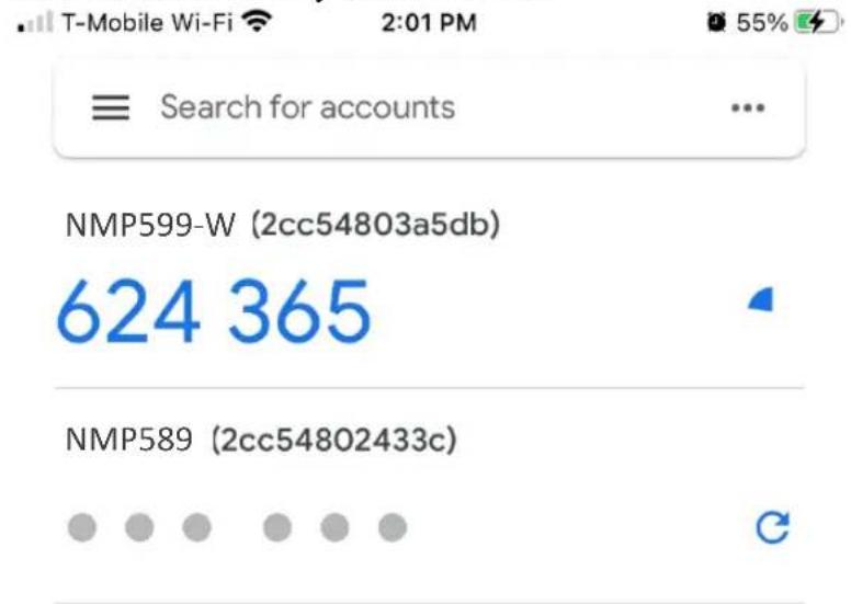 T-Mobile Wi-Fi 2:01 PM 55% ≡ Search for accounts ... NMP599-W (2cc54803a5db) 624 365 NMP589 (2cc54802433c)