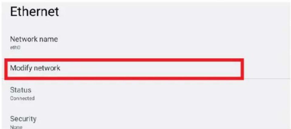 Ethernet Network name eth0 Modify network Status Connected Security None