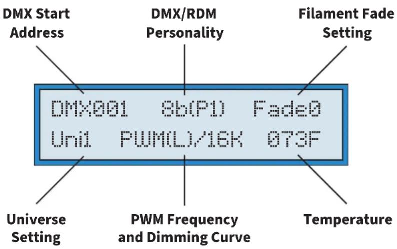 DMX Start Address DMX/RDM Personality Filament Fade Setting DMX001 8b(P1) Fade0 Unit PWM(L)/16K 073F Universe Setting PWM Frequency and Dimming Curve Temperature