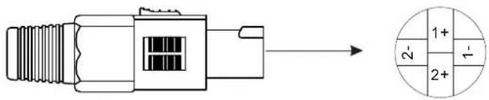 Diagram of a connector with pinout and corresponding color-coded dial for polarity