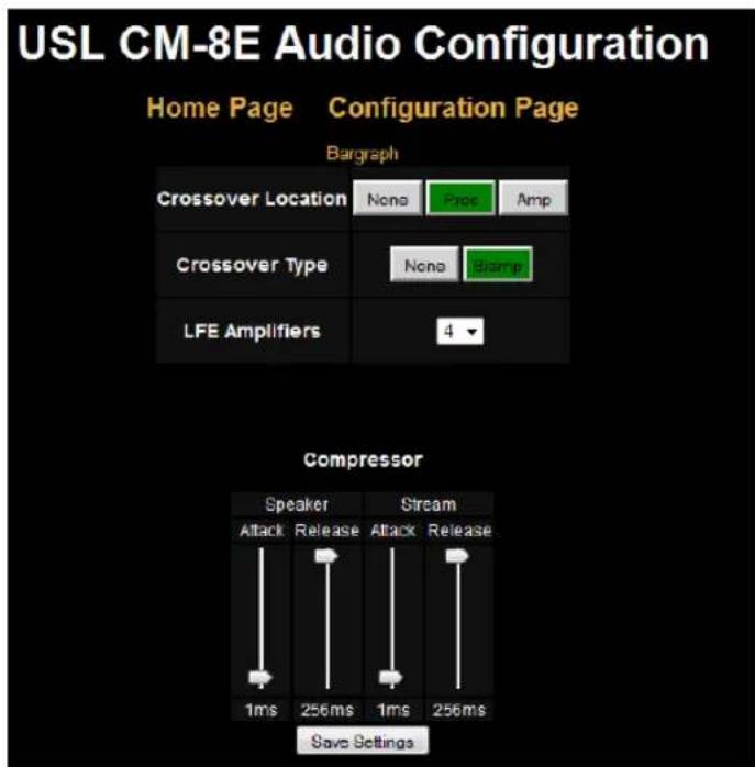 USL CM-8E Audio Configuration Home Page Configuration Page Bargraph Crossover Location None Price Amp Crossover Type None Clamp LFE Amplifiers 4 Compressor Speaker Stream Attack Release Attack Release 1ms 256ms 1ms 256ms Save Settings