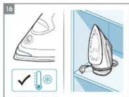 Illustration showing a shoe with a thermometer and a temperature scale, alongside a close-up of the iron on a surface.