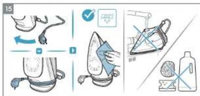 Illustration showing steps to clean air by using a power tool, including ironing, washing machine, and cleaning bottle.