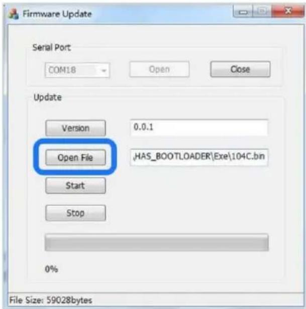 Firmware Update Serial Port COM18 Open Close Update Version 0.0.1 Open File HAS_BOOTLOADER\Exe\104C.bin Start Stop 0% File Size: 59028bytes