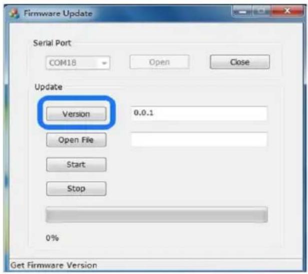 Firmware Update Serial Port COM18 Open Close Update Version 0.0.1 Open File Start Stop 0% Get Firmware Version