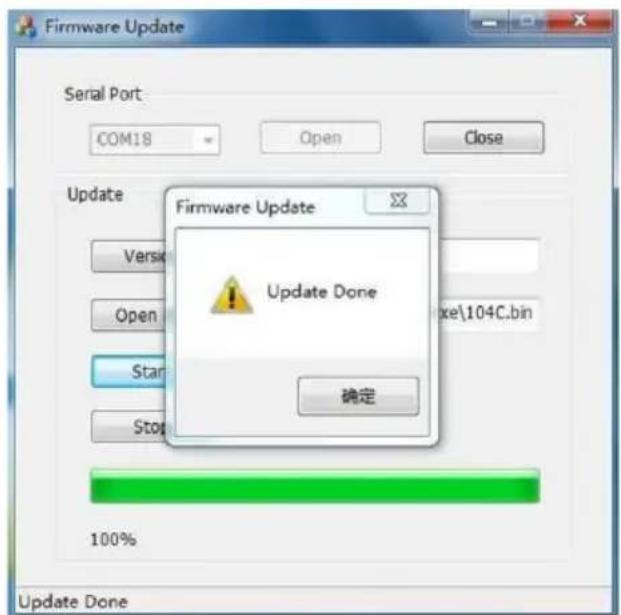 Firmware Update Serial Port COM18 Open Close Update Firmware Update Update Done 确定 Verske Open Start Stop 100% Update Done