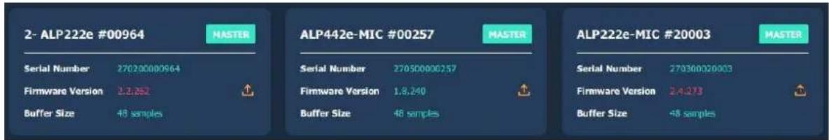 2- ALP222e #00964 NASTER Serial Number 270300000964 Firmware Version 2.2.252 Buffer Size 48 samples ALP442e-MIC #00257 NASTER Serial Number 270500000257 Firmware Version 1.8.240 Buffer Size 48 samples ALP222e-MIC #20003 NASTER Serial Number 270300020003 Firmware Version 24.273 Buffer Size 48 samples