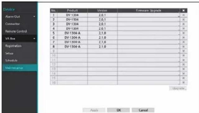 Device Alarm Out Connector Remote Control VA Box Registration Setup Schedule Maintenance No. Product Version Firmware Upgrade 1 DV-1304 2.0.1 2 DV-1304 2.0.1 3 DV-1304 2.0.1 4 DV-1304 2.0.1 5 DV-1304-A 2.1.0 6 DV-1304-A 2.1.0 7 DV-1304-A 2.1.0 8 DV-1304-A 2.1.0 9 10 11 12 13 14 15 16 Upgrade Apply OK Cancel