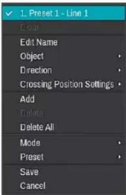 1. Preset 1 - Line 1 Clear Edit Name Object Direction Crossing Position Settings Add Delete Delete All Mode Preset Save Cancel
