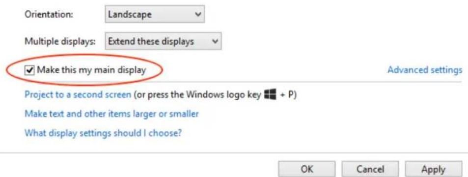 Orientation: Landscape Multiple displays: Extend these displays ✓ Make this my main display Project to a second screen (or press the Windows logo key + P) Make text and other items larger or smaller What display settings should I choose? Advanced settings OK Cancel Apply
