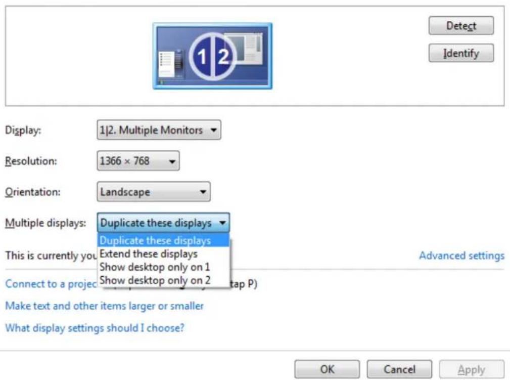 Detect Identify Display: 1|2. Multiple Monitors Resolution: 1366 × 768 Orientation: Landscape Multiple displays: Duplicate these displays Duplicate these displays This is currently you Extend these displays Show desktop only on 1 Show desktop only on 2 Connect to a project (Tap P) Make text and othe…