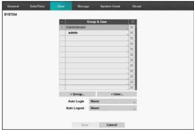 General Data/Time User Storage System Event About SYSTEM Group & User Administrator admin * * * * * * * * * * * + * Group... + User... Auto Login Never Auto Logout Never * Cancel Cancel