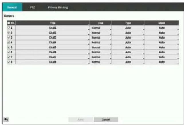 General PTZ Privacy Masking Camera No. Title Use Type Made ✓ 1 CAM1 Normal Auto Auto ✓ 2 CAM2 Normal Auto Auto ✓ 3 CAM3 Normal Auto Auto ✓ 4 CAM4 Normal Auto Auto ✓ 5 CAM5 Normal Auto Auto ✓ 6 CAM6 Normal Auto Auto ✓ 7 CAM7 Normal Auto Auto ✓ 8 CAM8 Normal Auto Auto