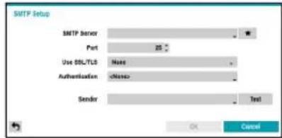 SMTP Setup SMTP Server Port 25 Use SSL/TLS Note Authentication Sender Test OK Cancel