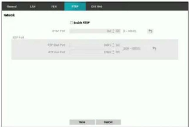 General LAN FEN RTSP IDS Web Network Enable RTSP RTSP Port 104 202 (1 - 68320) RTP Port RTP Slot Port 16941 507 RTP End Port 17609 801 (1004 - 65510) Save Cancel