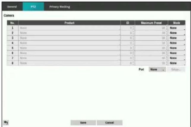 Camera No. Product ID Maximum Preset Mode 1 None 20 None 2 None 30 None 3 None 40 None 4 None 50 None 5 None 60 None 6 None 70 None 7 None 80 None 8 None 90 None Port None Stop... Save Cancel
