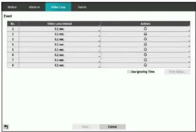 Motion Alarm-in Video Loss Text-In Event No. Video Loss Internal Actions 1 0.1 sec. 2 0.1 sec. 3 0.1 sec. 4 0.1 sec. 5 0.1 sec. 6 0.1 sec. 7 0.1 sec. 8 0.1 sec. Use Ignoring Time Free setup... Save Cancel