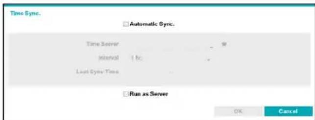 Time Sync. Automatic Sync. Time Server Interval 1 hr Last Sync Time Run as Server OK Cancel