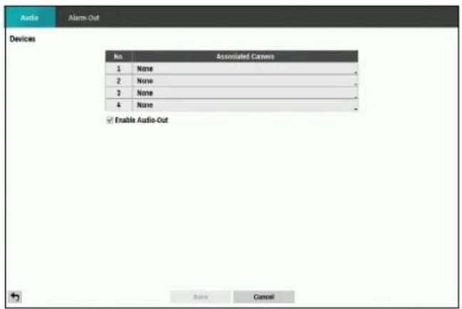 Audio Alarm-Out Devices No Associated Camera 1 None 2 None 3 None 4 None Enable Audio-Out Name Cancel