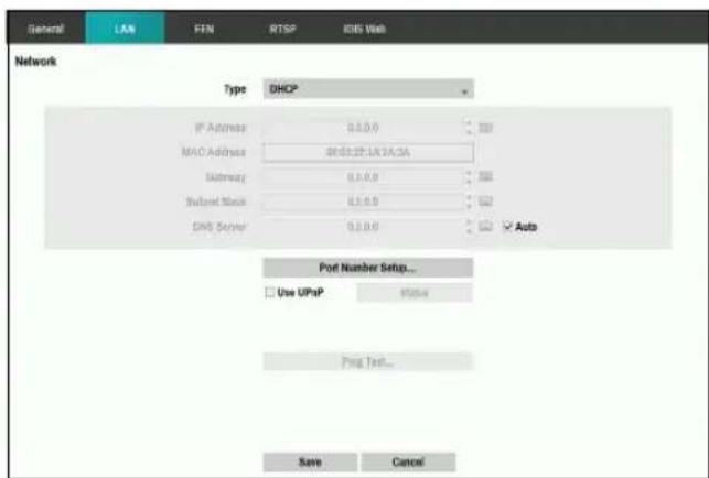 General LAN FFN RTSP RDS Web Network Type DHCP IP Address 0.0.0 MAC Address 01:51:27-1A 24.3A Subway 0.0.0 Sufford Mask 0.0.0 DNS Server 0.0.0 Auto Port Number Setup... Use UPnP Status Press Text... Save Cancel