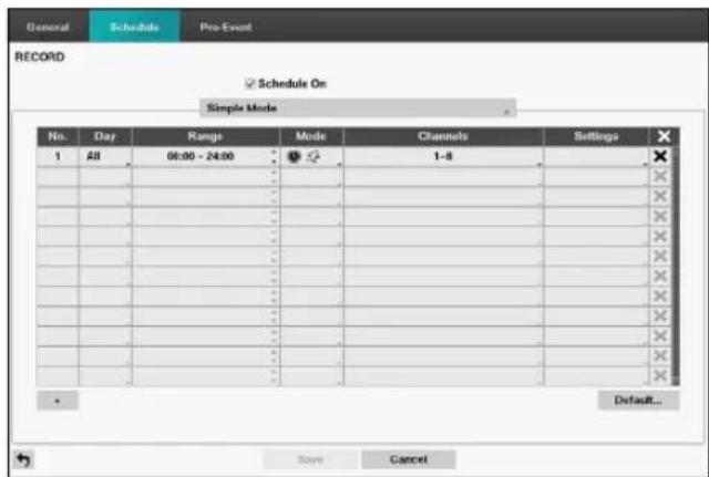 General Schedule Pre-Event RECORD ✓ Schedule On Simple Mode No. Day Range Mode Channels Settings 1 All 06:00 - 24:00 1-8 Cancel Default...