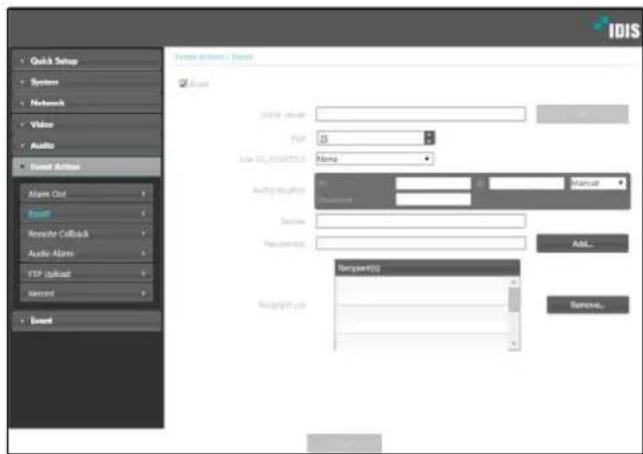 Quick Setup System Network Video Audio Forest Action Alarm Chat Board Remote Callback Audio Alone 100% Opted Sentnt Board Forest Action / Event Event Size: 25 Size: 25 Auto Objectors Description: Accounting: Recruitment: Remove... Remove... Add... Remove...
