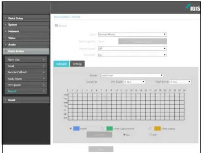 IDIS Quick Setup Synnex Network Value Audio Event Action Alarm Out Email Service Callback Audio Alert FTP Upload Record Event Event Action / Event Record Type: Normal Mode Send Summary: None Target number: 245 Downlink: 0x Schedule Settings Mode: Table/Time Duration: Post Event: 13 sec Post Event: 16 sec Time-UPERTMENT: Open Final output: Open
