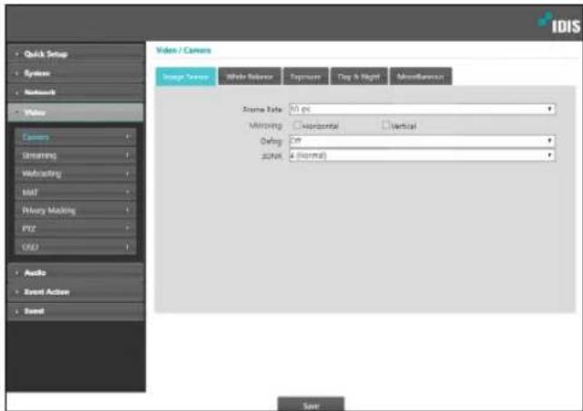 Quick Setup Systems Network Video Camera Smearing Webcasting BOD Privacy Masking PTC CPD Audio Event Action Send Video / Camera Image Temp White Range Exposure Dog & Night Miscellaneous Frame Rate: 1.0 px Minipping: Horizontal Vertical Debug: 25% JSON: 4 (Normal) Save