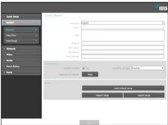 Quick Setup Settings General Date/Time User/Group Network Video Audio Event Action Event Options / Options Language: English Name: Name: Product: Init Service: OK/Cancel OK/ACK Address: Change/Preview Quick Preview: On OK/P Based Type: Normal Open/Start Parameters: View Load Default Setup Import Setup Export Setup