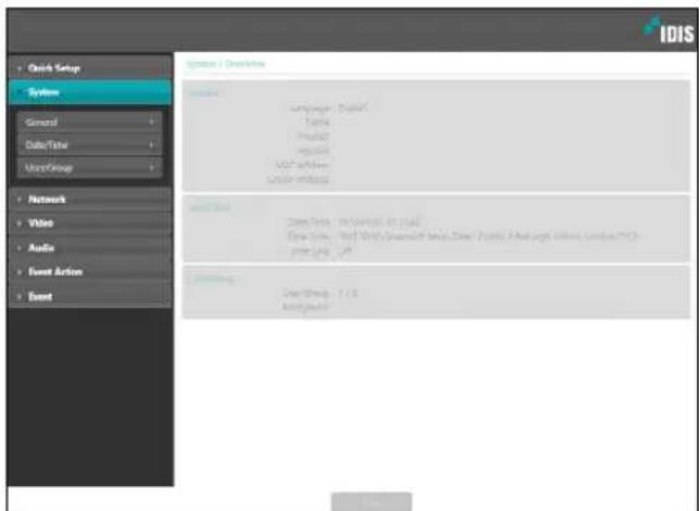 IDIS • Check Setup System General Date/Time Move/Group • Network • Video • Audio • Event Action • Event System / Overview • System - System - Digital - Tools - Products - Vehicles - VOLT Server - Local network • View Status - Date/Time - In-View/Out Page - Date/Time - Web/Host Growth/Temp/Day/Time / Points / After viewing / Location/PC - Time Label • View Group: 1.05 - Active/Video