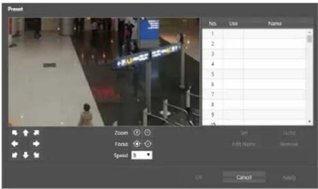 Preset No. Use Name 1 2 3 4 5 6 7 8 9 Zoom Focus Speed 0 Left Name Remove OK Cancel Apply