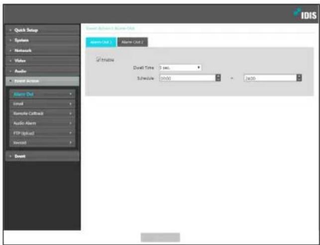 Quick Setup Systems Network Video Audio Forest Action Alert Out Email Remote Callback Audio Alert FTP (spool) Event Event Action Active Out Alert Out 1 Alert Out 2 Estimate Send Time: 3 sec. Schedule: 00:00 24:00 IDIS
