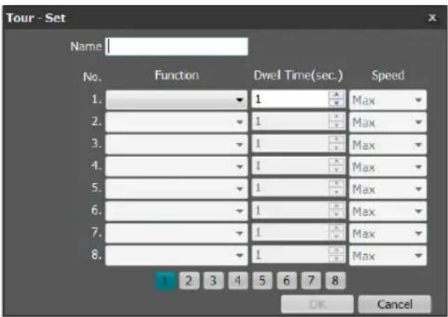 Tour - Set Name: No. Function Dwell Time(sec.) Speed 1. 1 Max 2. 1 Max 3. 1 Max 4. 1 Max 5. 1 Max 6. 1 Max 7. 1 Max 8. 1 Max 1 2 3 4 5 6 7 8 OK Cancel