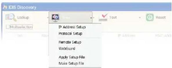 IDIS Discovery Lockup Multiseclecturi IP Address Setup Protocol Setup Remote Setup WebGuard Apply Setup File Make Setup File