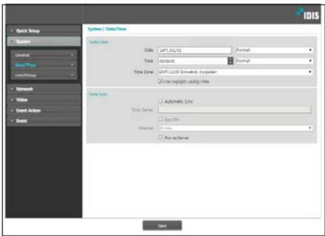 Quick Setup System General Save/Time User/Group Network Video Event Action Event System / Date/Time Date/Time Date: 1871.02.15 Format: Time: 0035-05 Format: Time Zone: GMT-12:00 Drivetski, Konquiken Use daylight saving time Time Type: Automatic Sylar Time Series: Use PDF Infected: 30 ms Run ax Server Start